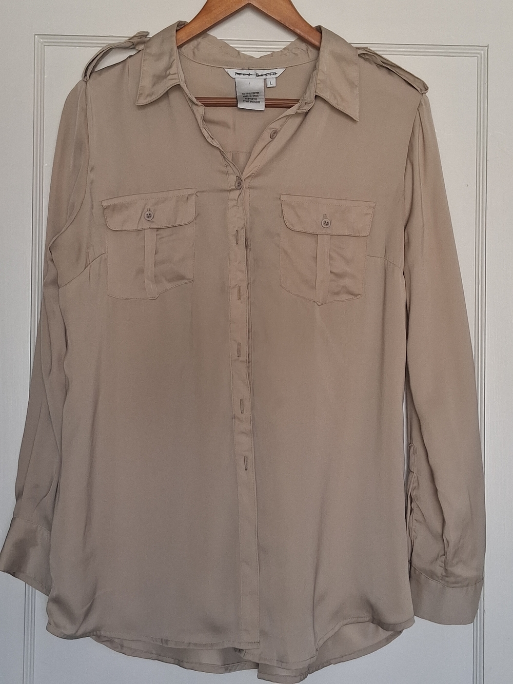 Fred David Button Down Shirt L Beige Roll Tab Sleeves Pockets